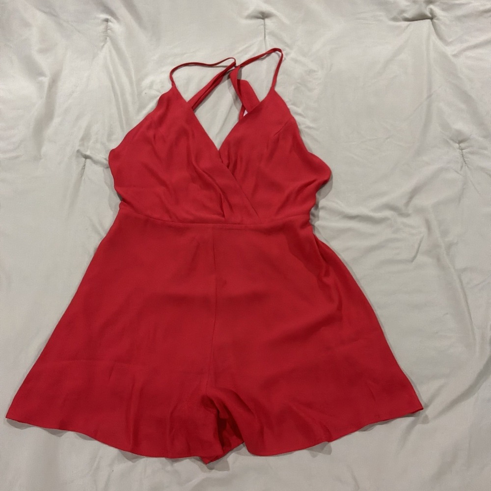 Lush red crisscross open back romper Deep V Neck - Picture 2 of 10